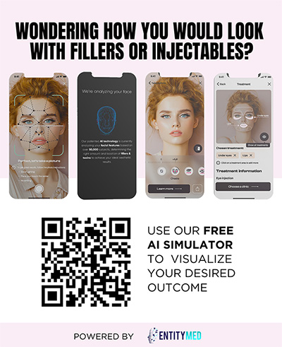 Promotional flyer for AI simulator to preview fillers and injectables, featuring face analysis app screenshots, QR code for access, and EntityMed branding